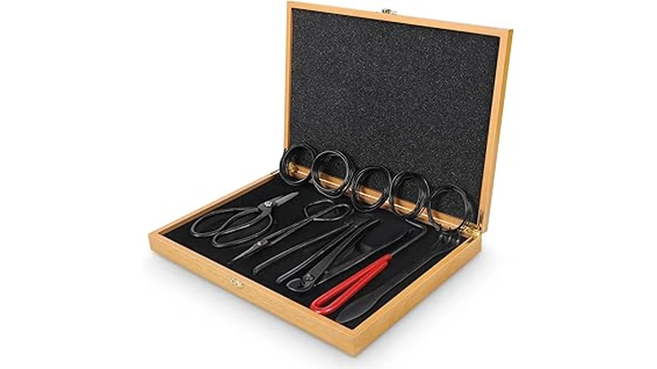 The image shows a complete bonsai tree training kit with essential tools for shaping and caring for miniature trees.