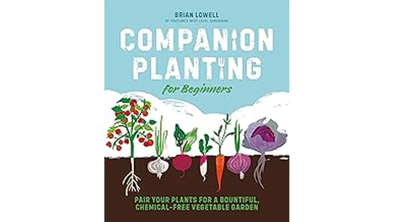 The image shows a colorful book cover featuring vegetables and the title Top 5 Best Companion Planting Guide Book Vegetable Garden.