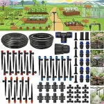 The image shows a lush container garden with a drip irrigation system providing water to multiple potted plants.