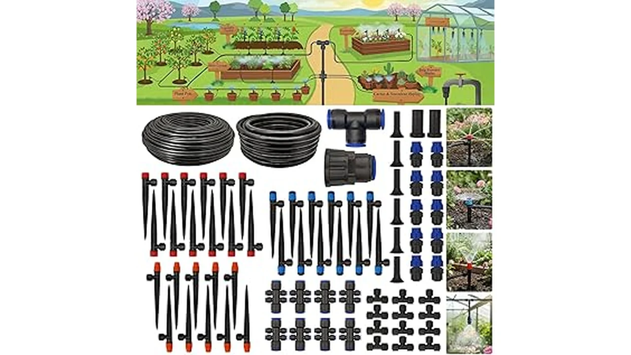 The image shows a lush container garden with a drip irrigation system providing water to multiple potted plants.