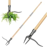 The image shows a person using a long-handled ergonomic garden weed puller, one of the top 5.