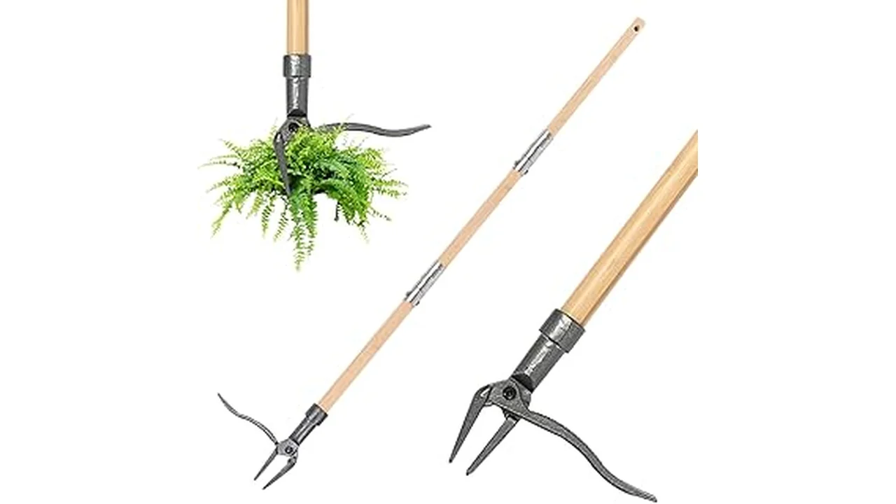 The image shows a person using a long-handled ergonomic garden weed puller, one of the top 5.