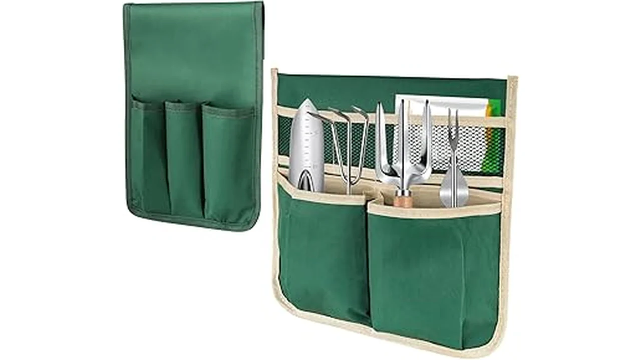 The image shows a padded garden kneeler seat with a tool pouch, perfect for comfortable gardening.