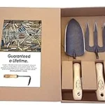 The image shows a set of five essential hand garden tools including a fork and trowel.