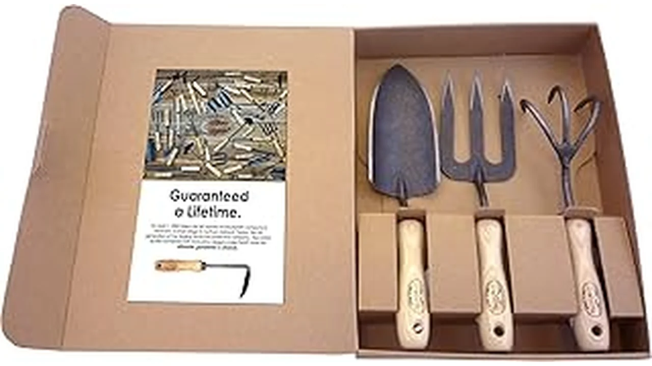 The image shows a set of five essential hand garden tools including a fork and trowel.