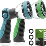 The image shows a durable metal garden hose nozzle set, highlighting its robust construction for heavy-duty use.