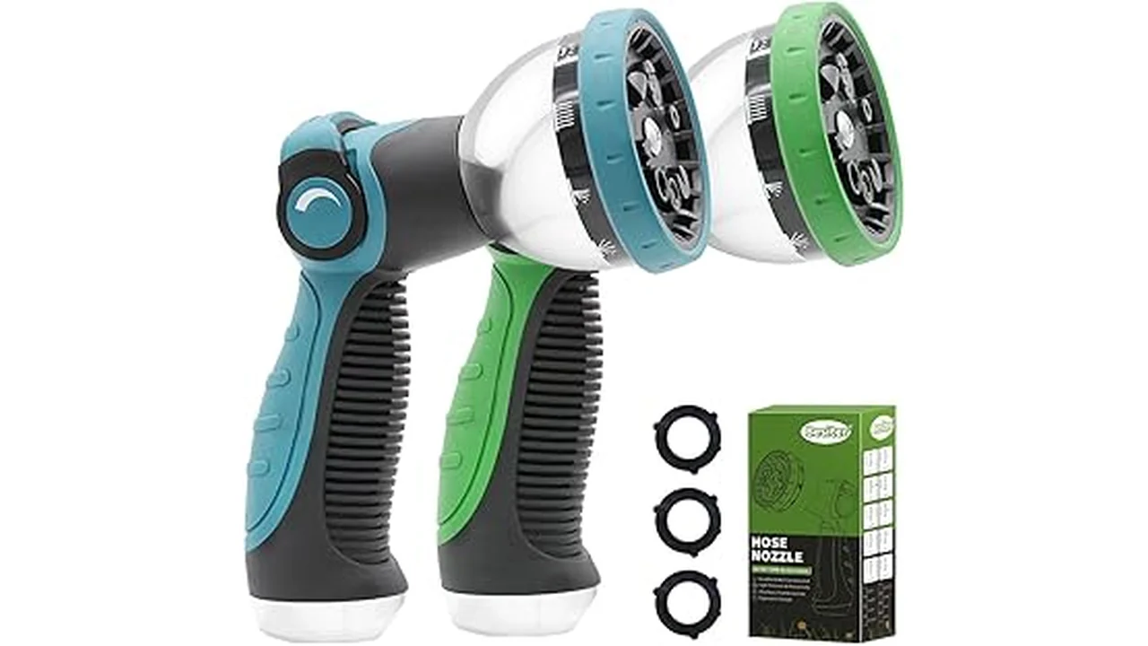 The image shows a durable metal garden hose nozzle set, highlighting its robust construction for heavy-duty use.