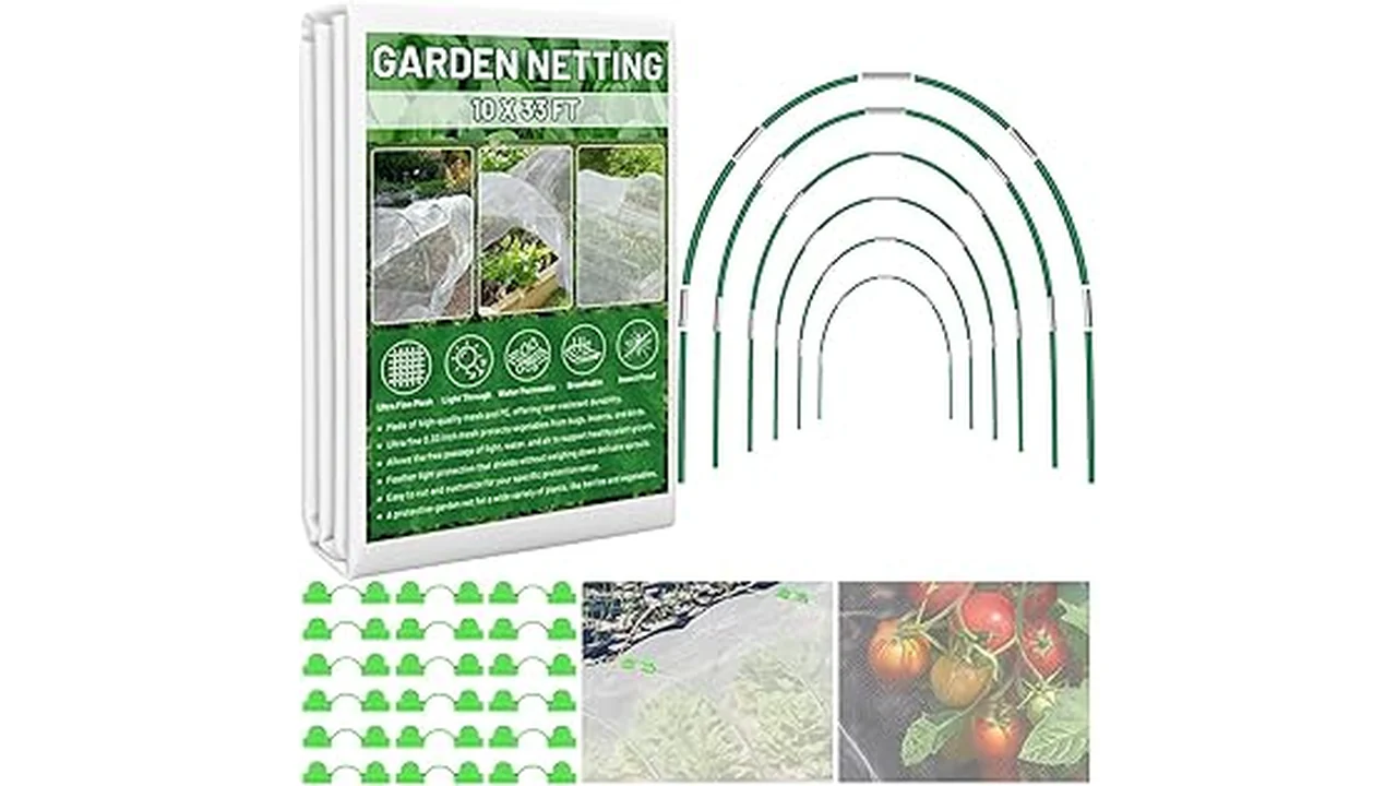 The image shows a garden row covered with protective mesh netting, likely one of the top 5 best options.