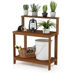 This image shows a functional potting bench with a storage shelf, ideal for a garden shed.