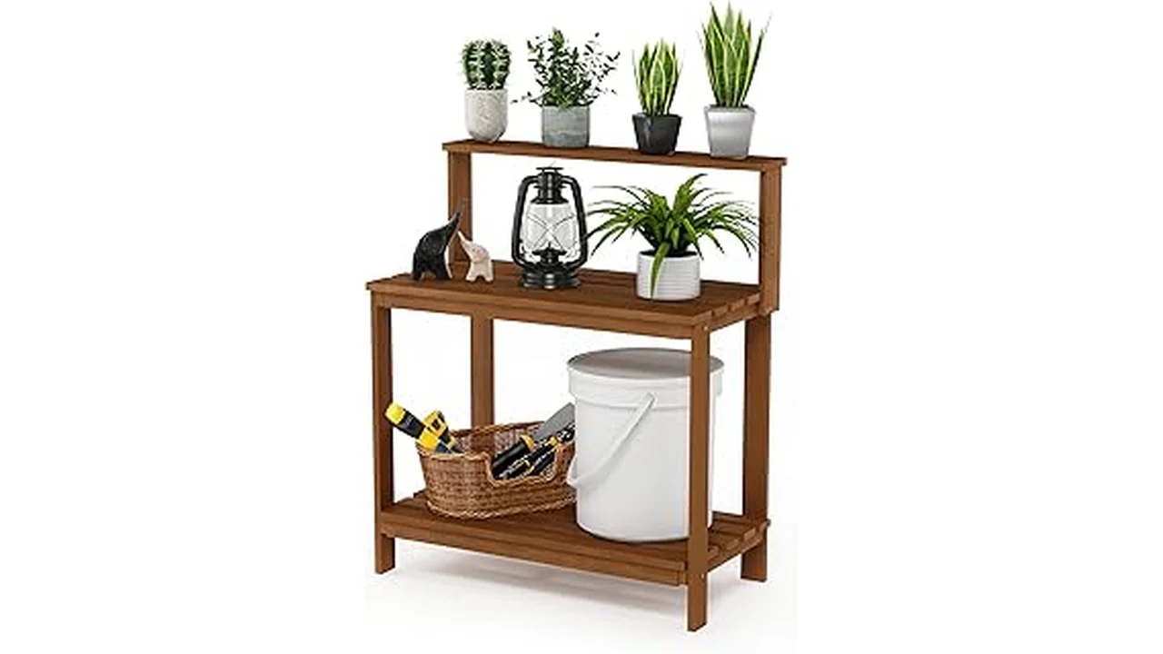 This image shows a functional potting bench with a storage shelf, ideal for a garden shed.