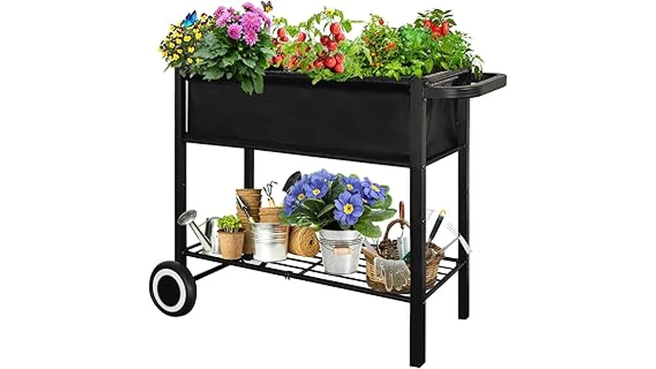 The image shows several stylish raised planter boxes with legs, ideal for a Top 5 list.