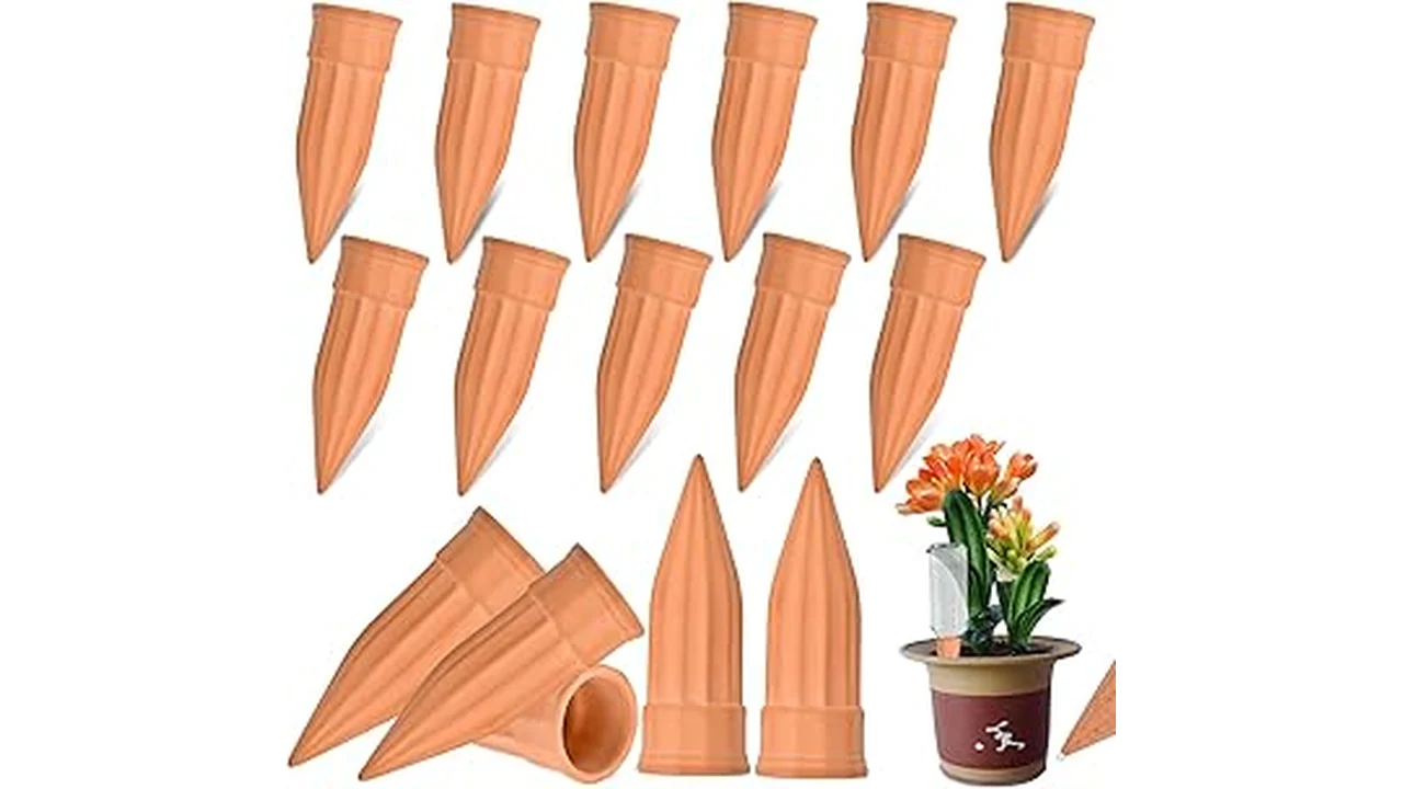 The image shows various slow-release watering stakes being used in potted plants for consistent plant hydration.