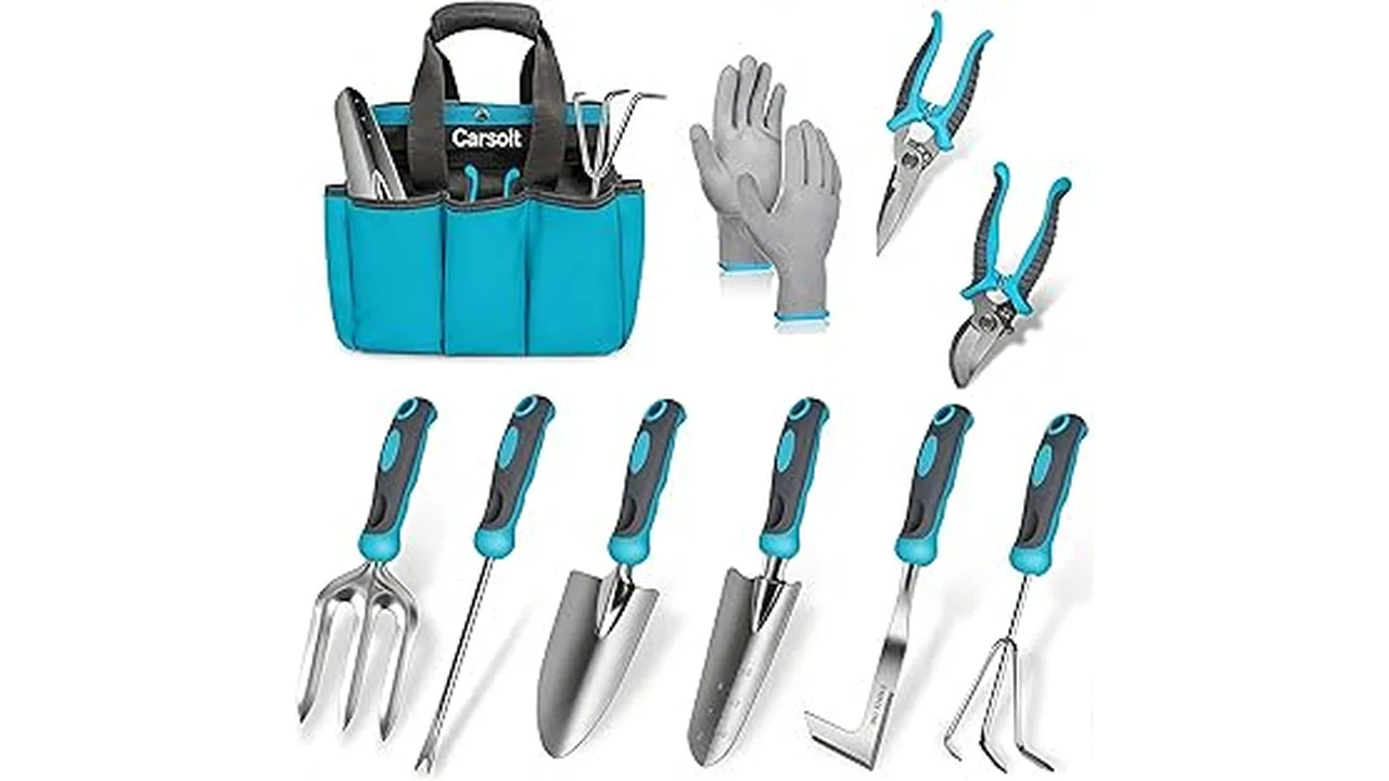 This image shows a selection of comfortable, durable stainless steel garden tool handles featured in a top 5 list.