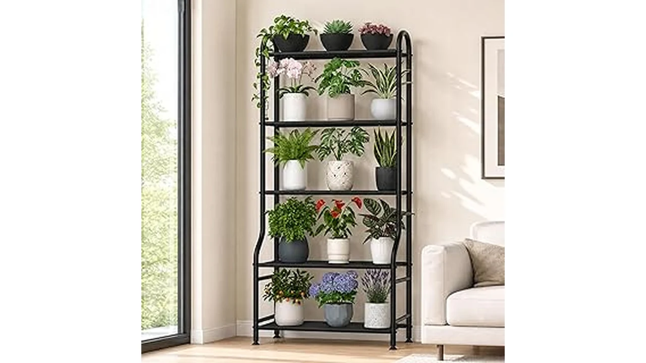 The image shows a stylish vertical planter shelf unit filled with vibrant plants, perfect for patios.