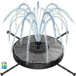 The image shows a solar-powered bird bath fountain with a battery backup, a top-rated item.
