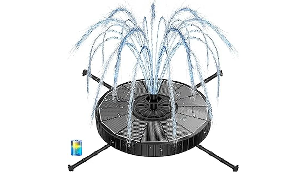The image shows a solar-powered bird bath fountain with a battery backup, a top-rated item.