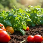 The image shows a beginner's vibrant vegetable garden with seedlings, perfect for learning how to start a vegetable garden.