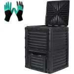 The image shows a large outdoor compost bin filled with organic materials, perfect for composting.