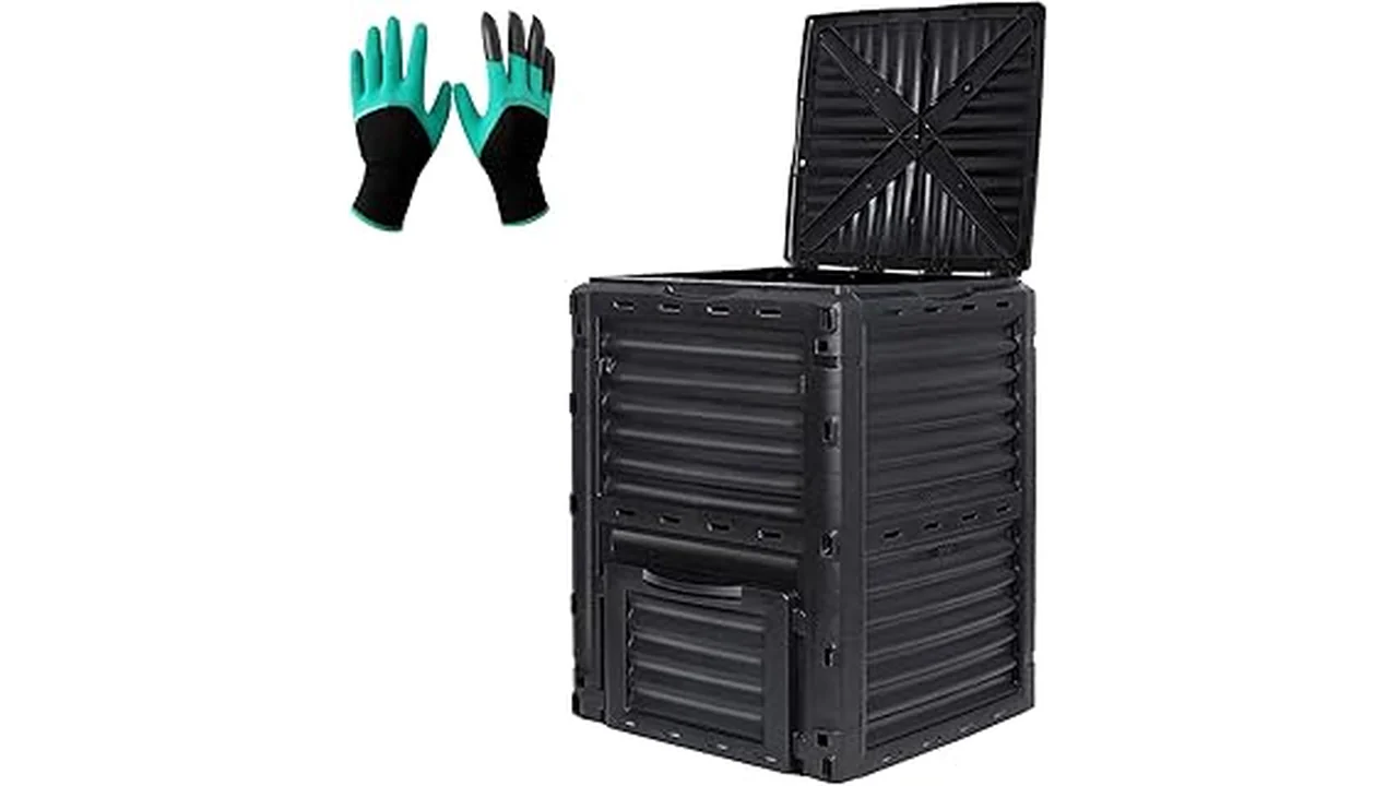The image shows a large outdoor compost bin filled with organic materials, perfect for composting.