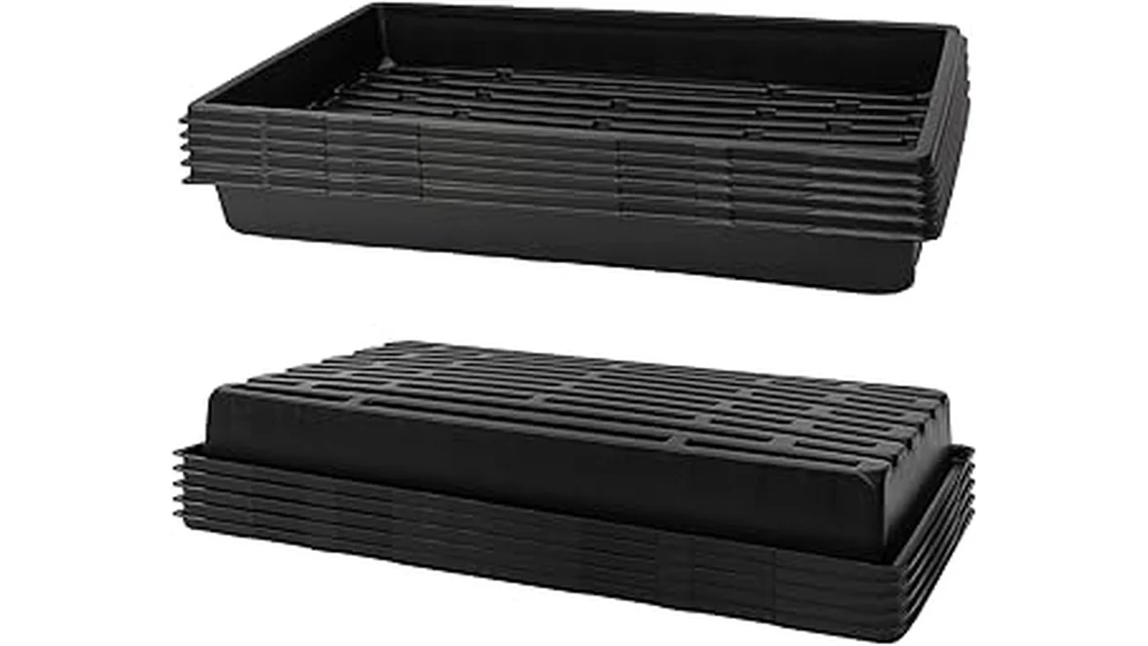 The image shows a collection of durable, deep seed starting trays, perfect for heavy-duty gardening.