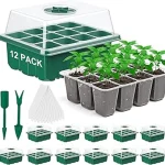 The image shows various seed germination trays with clear dome lids, perfect for starting seedlings.