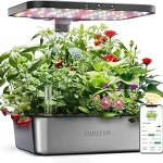 The image shows a modern hydroponics system with lush green plants growing in water.