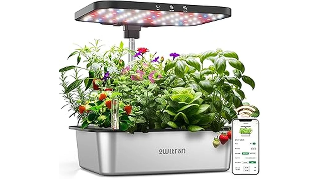 The image shows a lush indoor garden with various plants, highlighting hydroponic setups for sale.