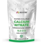 The image shows a healthy hydroponic plant with calcium supplement bottles, representing top brands for nutrient solutions.