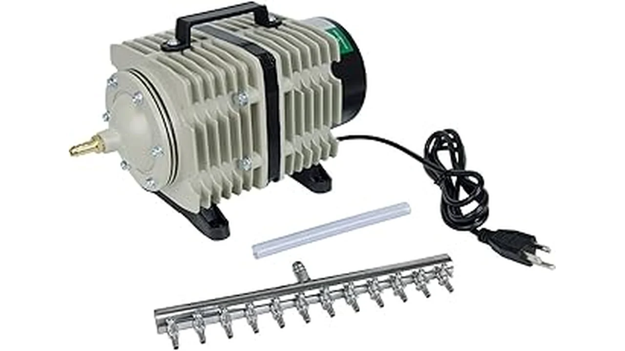 The image shows a powerful commercial air pump ideal for hydroponic systems, as featured in the top 5 list.