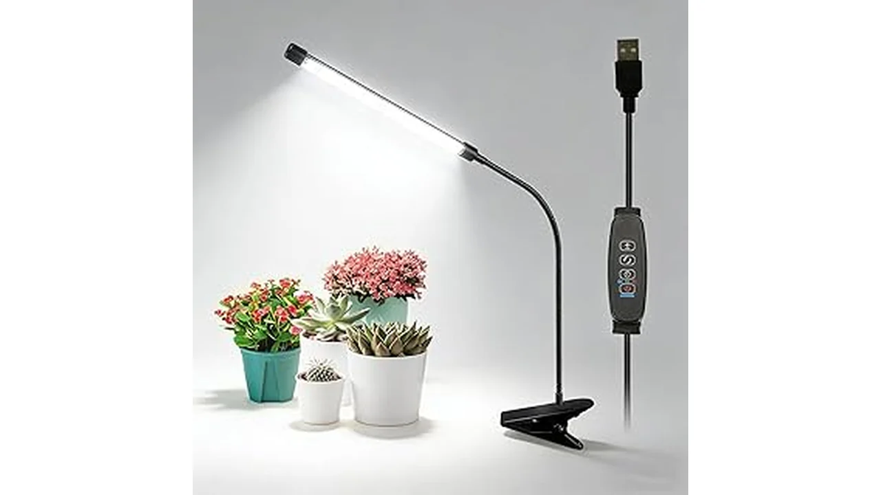 The image shows five diverse grow lights illuminating vibrant plants, likely for hydroponics.