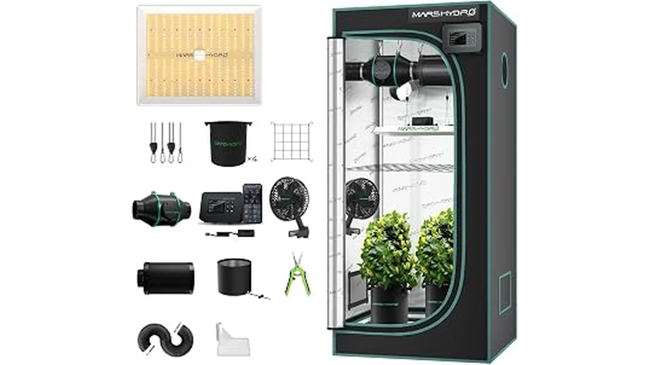 The image shows a hydroponic grow tent, suggesting ideal humidity for weed cultivation.