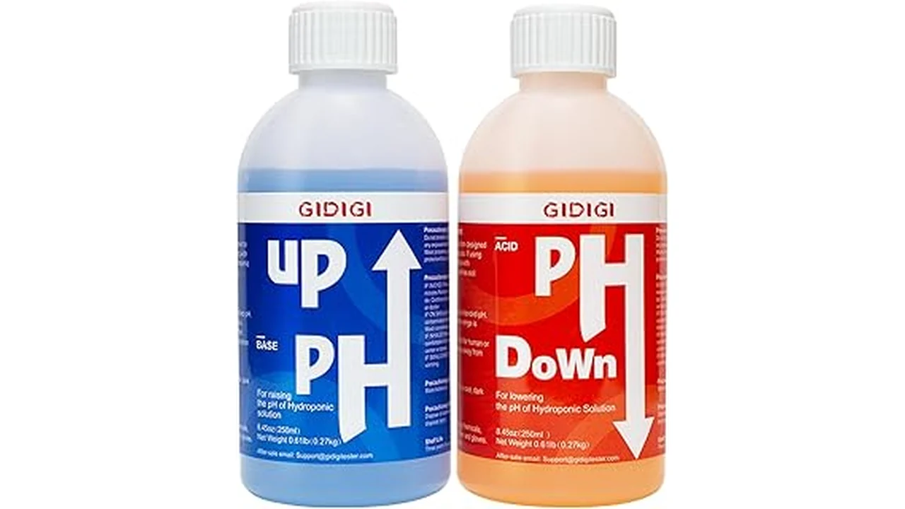 The image shows various bottles of liquid hydroponics nutrients, likely for growing vegetables.