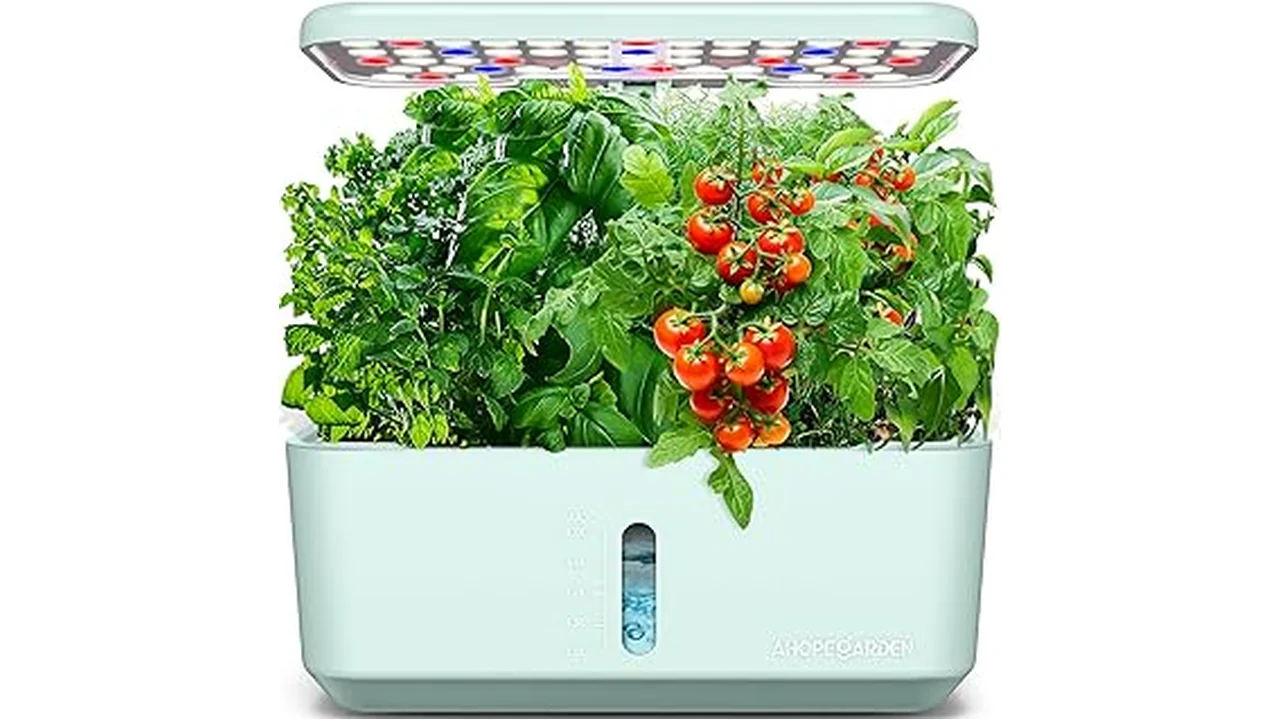 The image shows a sleek indoor hydroponics growing system featuring vibrant green plants for a top indoor garden.