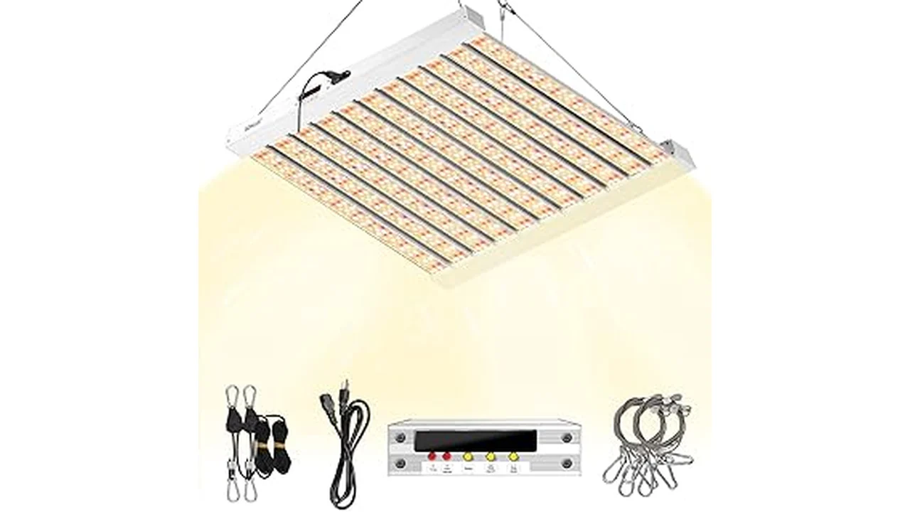 The image shows five different LED grow lights displayed on a table, showcasing hydroponic gardening equipment.