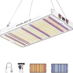 The image shows various LED grow lights arranged for hydroponic systems, perfect for spectral control.