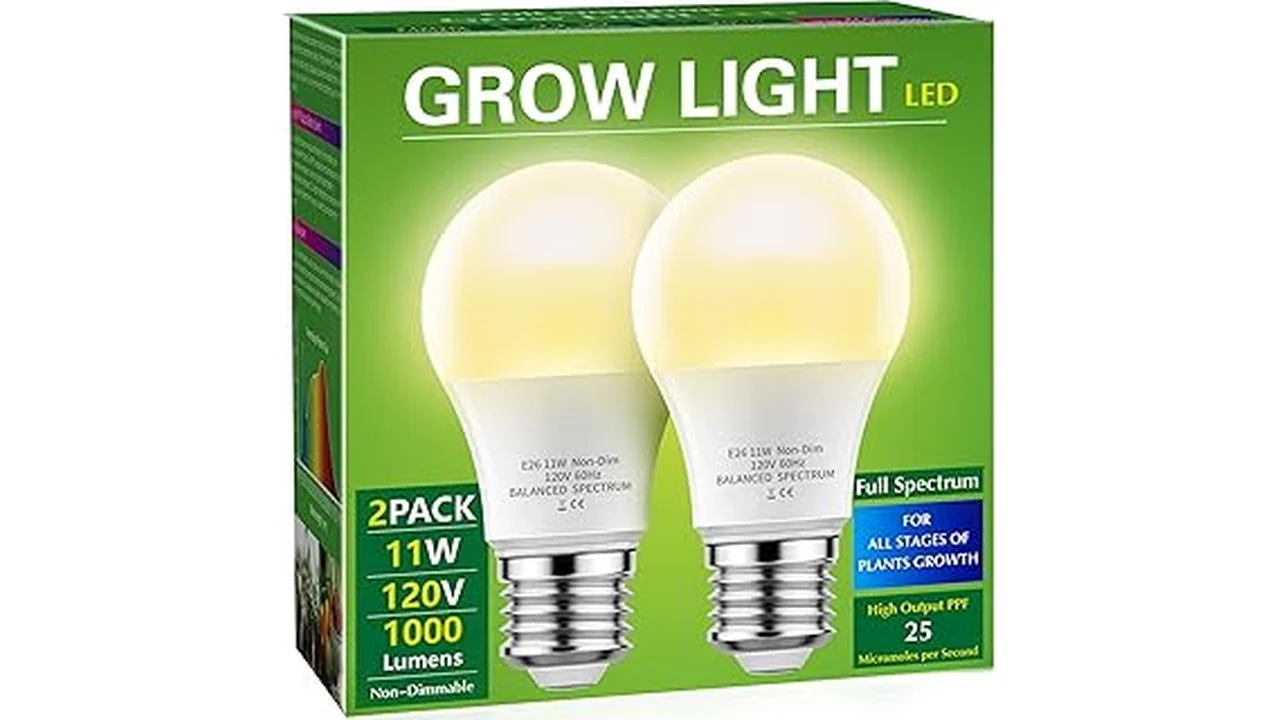The image shows a hydroponic grow tent with various LED grow light bulbs illuminating vibrant green plants.