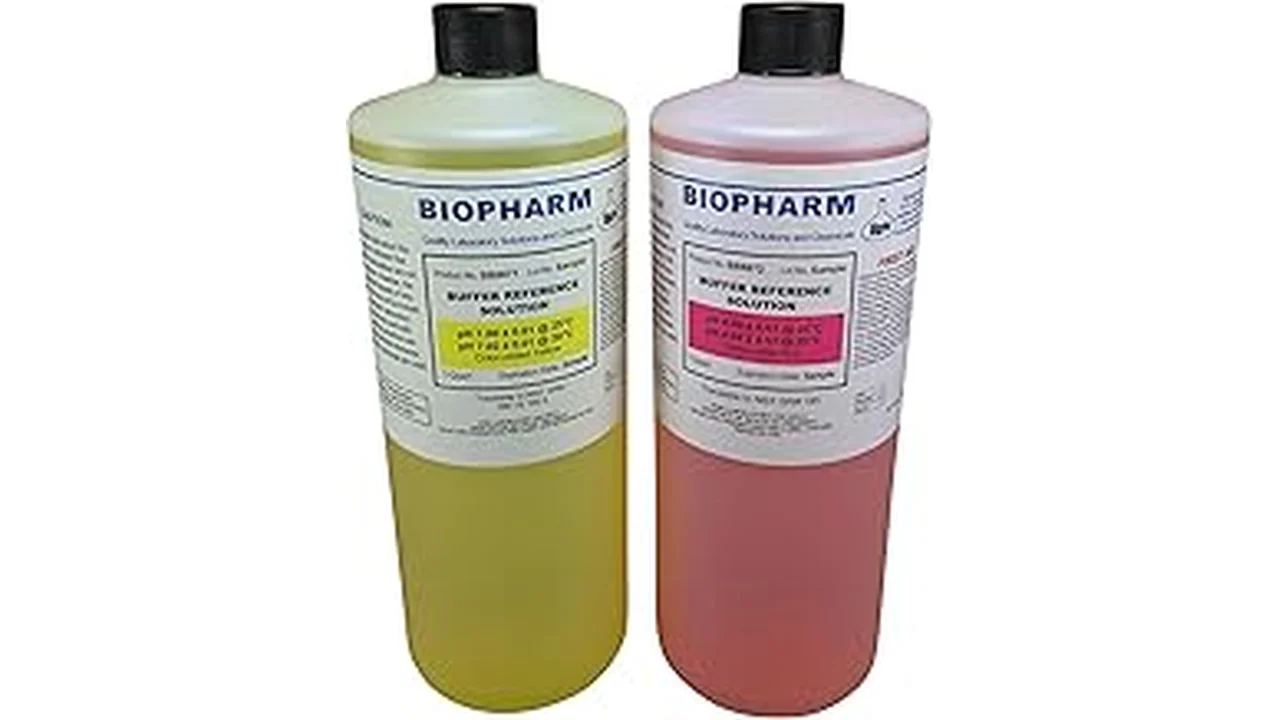 The image shows a selection of pH buffer solutions arranged neatly for hydroponic gardening.