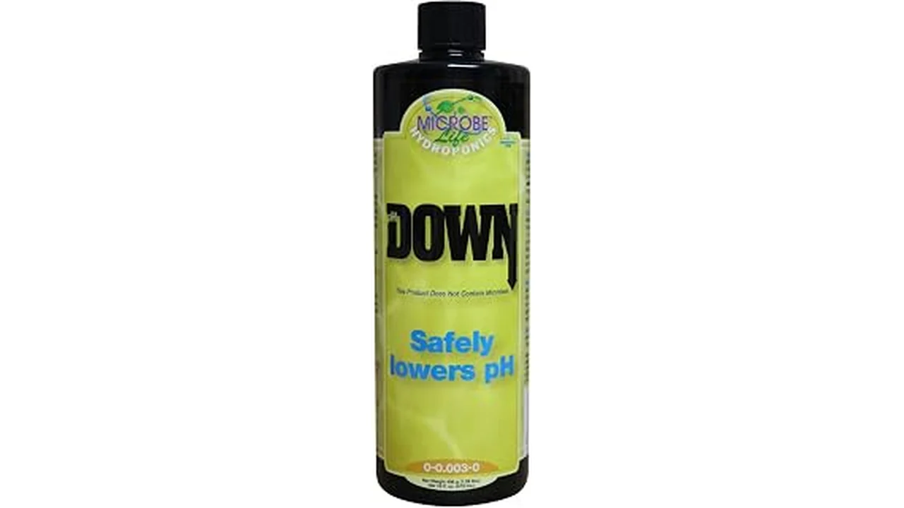The image shows a selection of pH down solutions used for hydroponics, featured in a top 5 list.