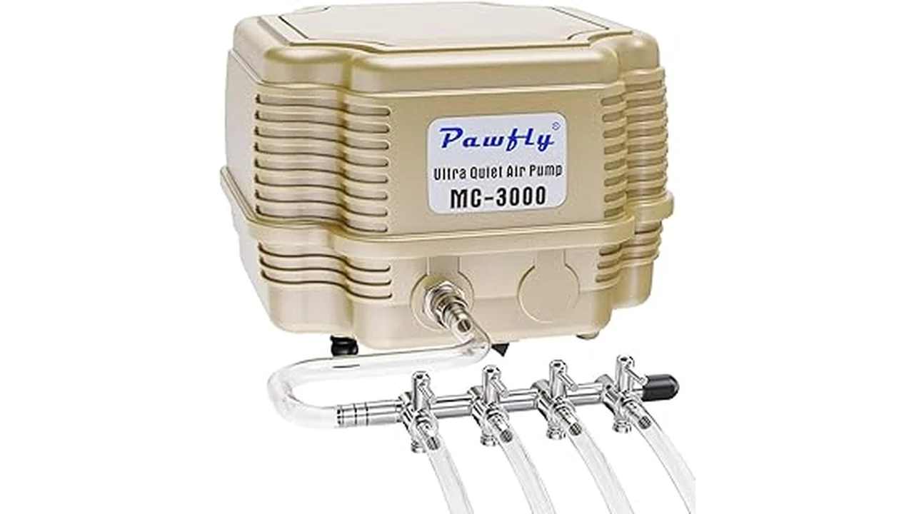 The image shows a quiet DWC air pump for hydroponics, featured in a top 5 list.