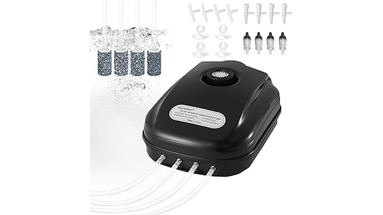 The image shows multiple sleek, modern air pumps suitable for hydroponic systems, implying top choices.