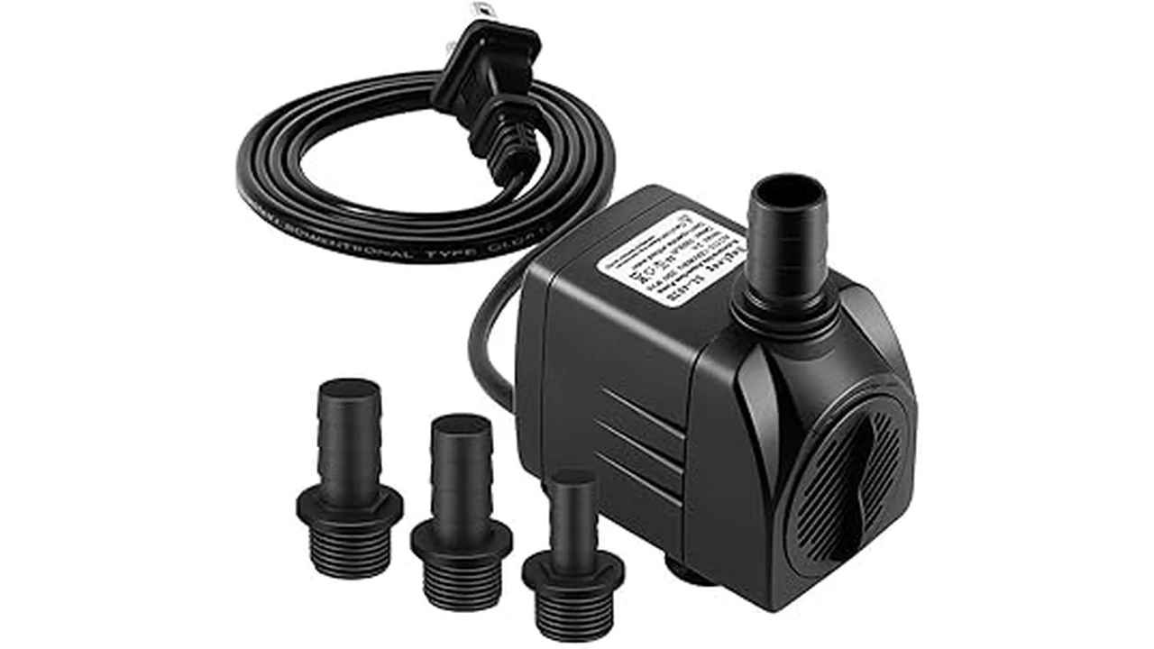 The image shows a submersible pump for hydroponic systems, part of a top 5 list.