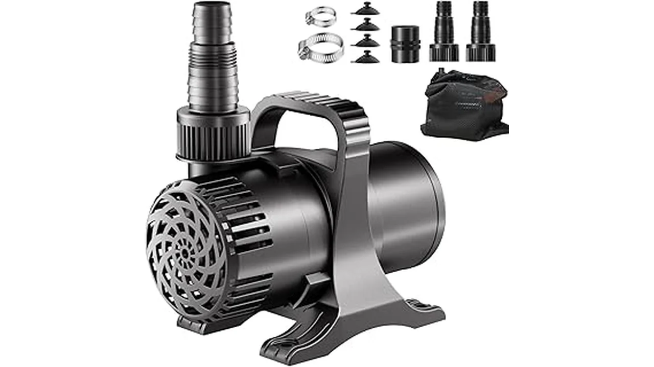 The image shows a submersible water pump, ideal for hydroponics systems, featured in a top 5 list.