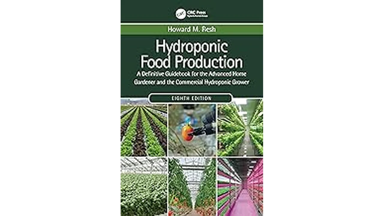 The image shows a stack of books titled Top 5 Best Textbooks for Commercial Hydroponics with leafy green plants.