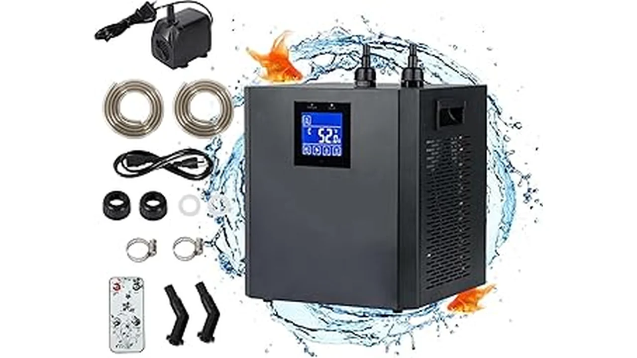 The image shows a hydroponic water chiller unit connected to a reservoir for optimal plant growth.