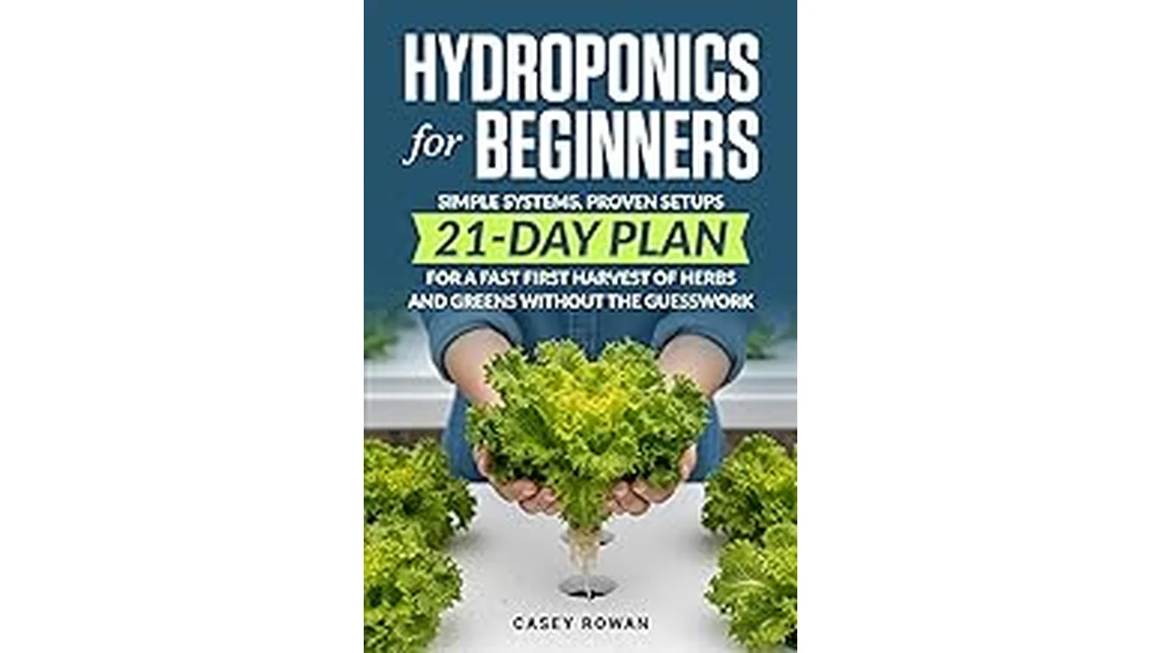 The image shows a vibrant aquaponic garden featuring several leafy greens, representing top water-efficient crops.
