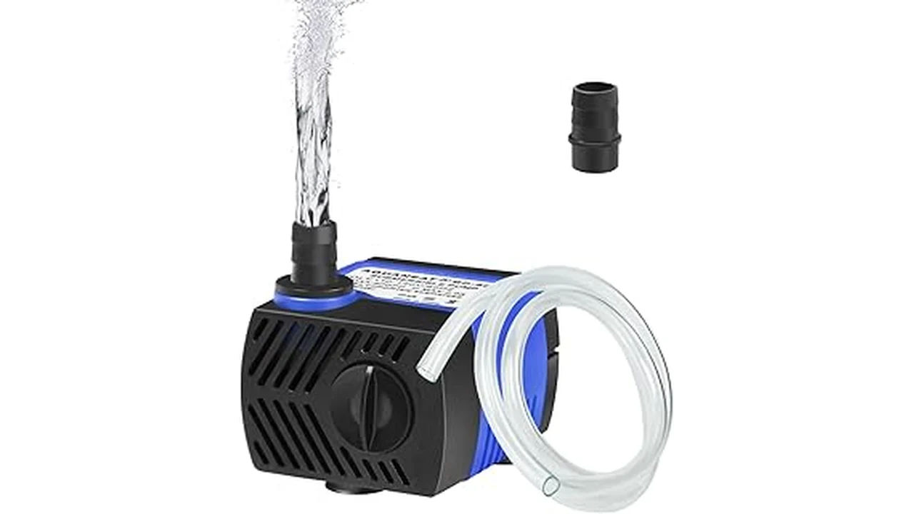 The image shows a compact water pump suitable for small hydroponic systems, highlighting top choices.