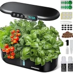 The image shows a sleek indoor hydroponic system growing a variety of fresh vegetables.