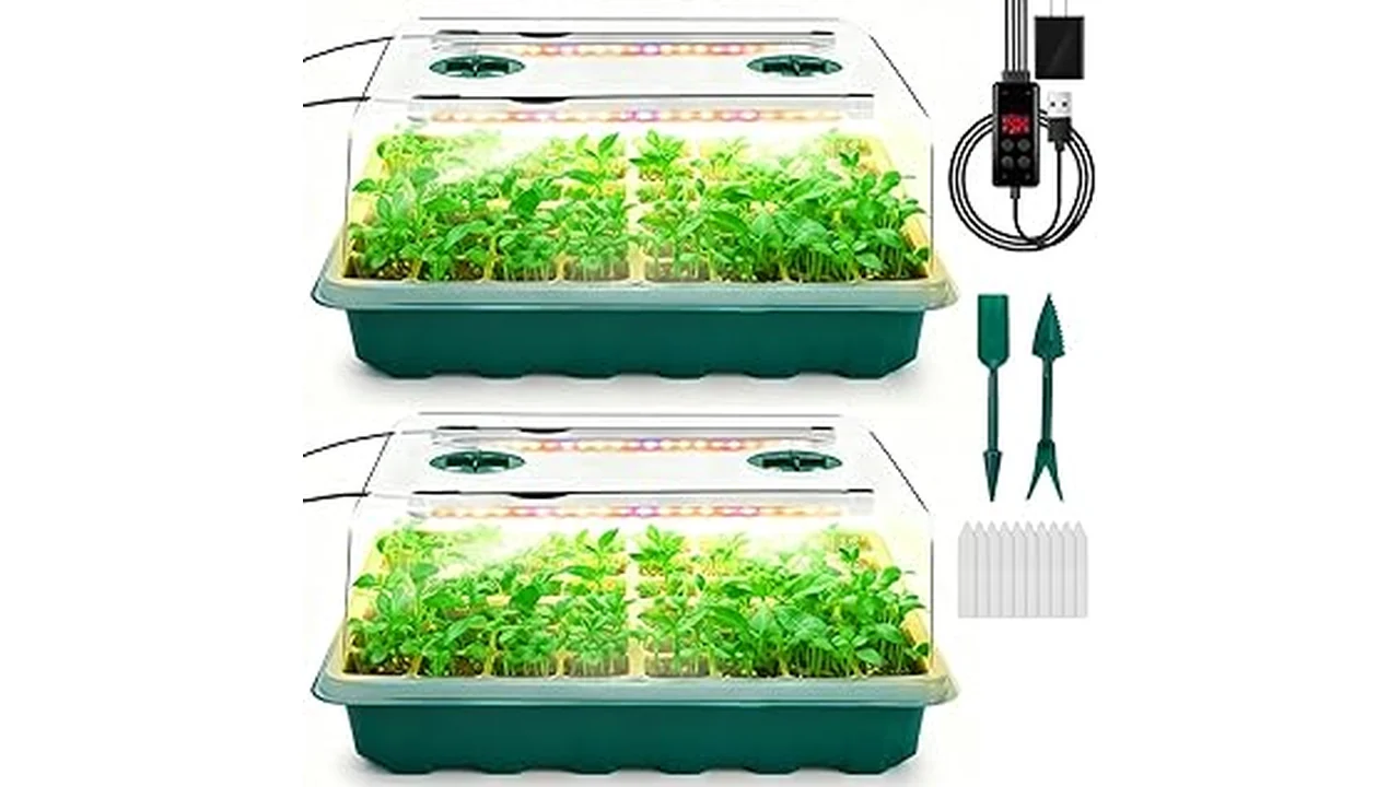 The image shows a selection of bright LED grow lights for starting seeds in hydroponic gardens.