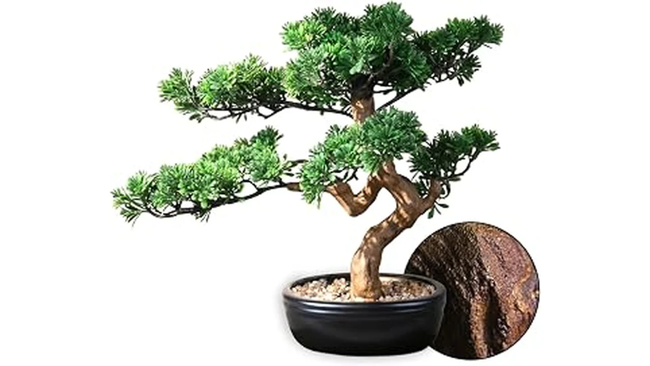 The image shows a beautifully crafted artificial bonsai tree, perfect for adding charm to small spaces.