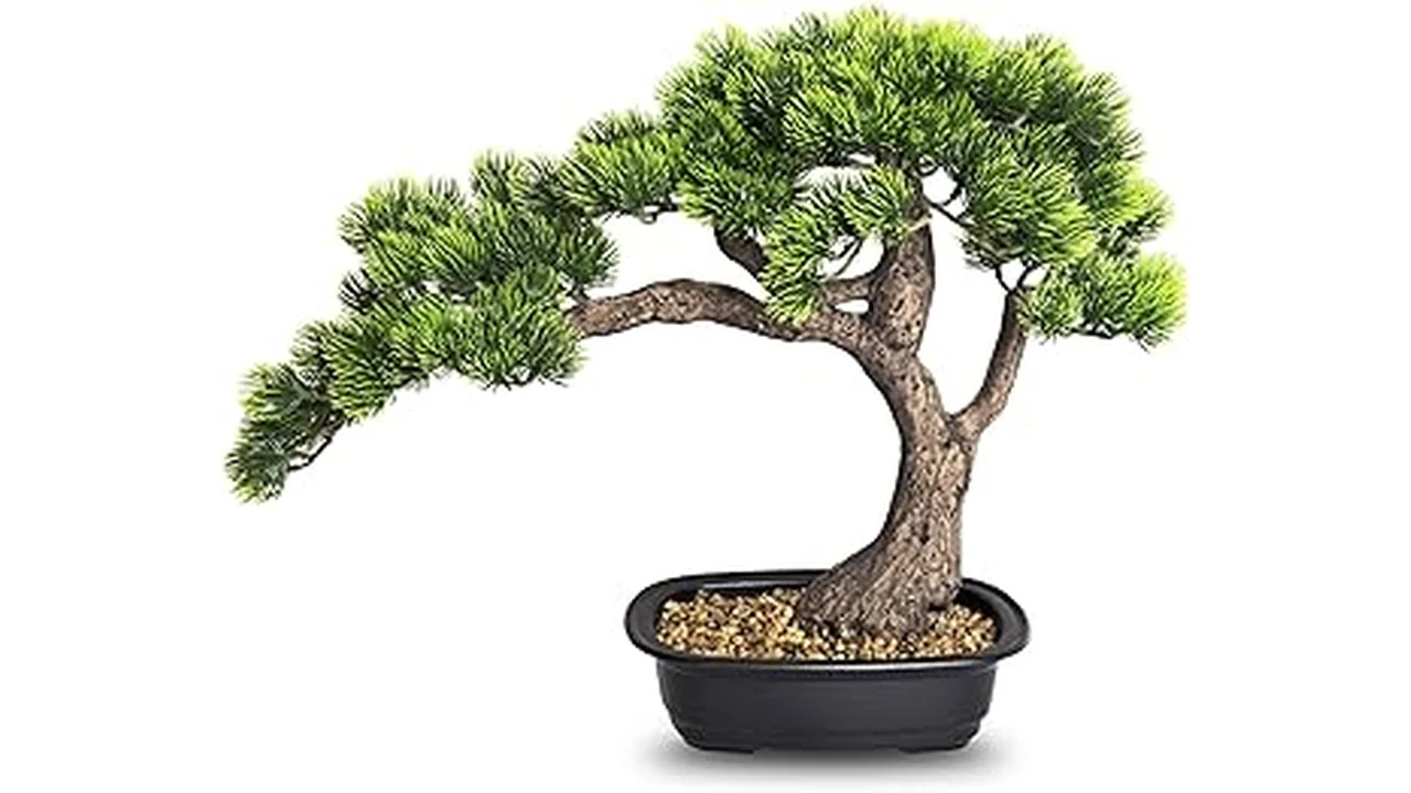 The image shows a realistic artificial bonsai tree, highlighting its craftsmanship for home decor.